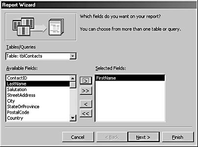figure 6-19. these paired list boxes are shown on the first page of the report wizard.