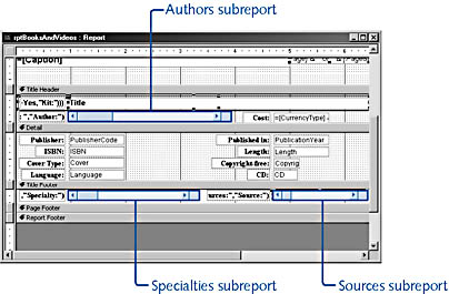 figure 7-43. the rptbooksandvideos report is shown here with subreports in design view.