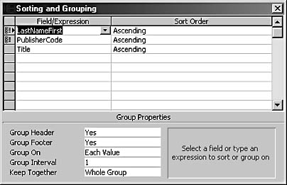 figure 7-52. you can set group properties by using the sorting and grouping dialog box.