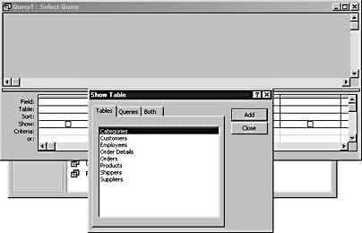 figure 9-9.when you begin a new query in design view, the show table dialog box is automatically displayed.