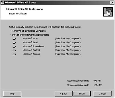 figure a-7.the begin installation screen summarizes the office xp components to install.