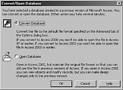 figure a-18. the convert/open message appears when you open an access 97 database in access 2002.