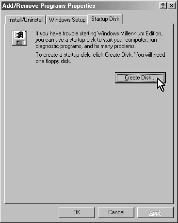 figure a-20.begin setting up a boot partition by preparing a windows me startup disk.