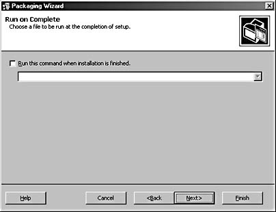 figure b-10.the run on complete screen of the packaging wizard allows you to specify a command to run at the end of installation.