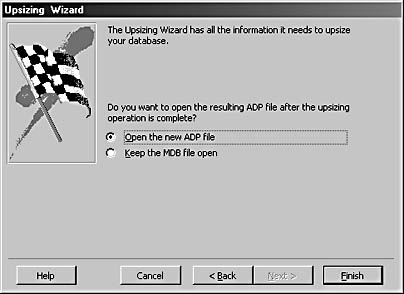 figure e-7.the final screen of the wizard offers you a choice of opening the adp or staying in the mdb.