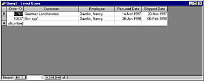 figure 11-10. the results show records that belong to nancy davolio, whose employee id is 1.