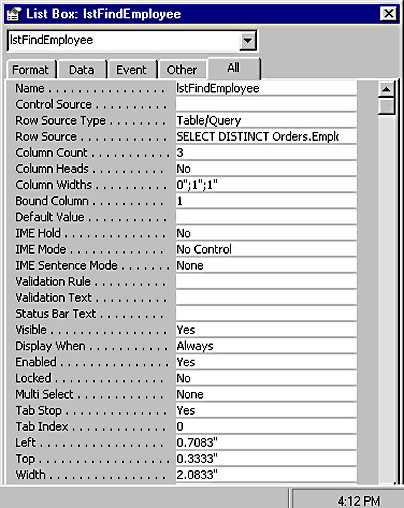 figure 11-17.the properties sheet shows the list box control’s property settings.
