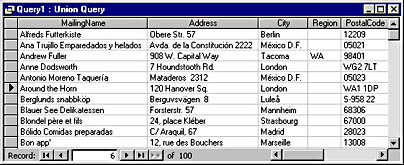 figure 11-22. the previous union query returns a combined recordset of names and addresses from the customers and employees tables.