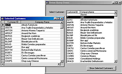 figure 11-23. this list box displays customers with a (none) selection and an (all) selection created by a union query.