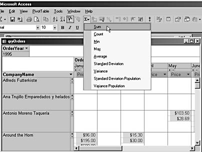 figure 12-10.choose sum from the autocalc menu to create a column subtotal for each row of data.