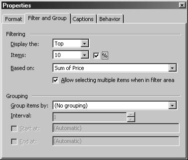 figure 12-16. you can filter a pivottable for the top 10 percent of data values using the filter and group tab.