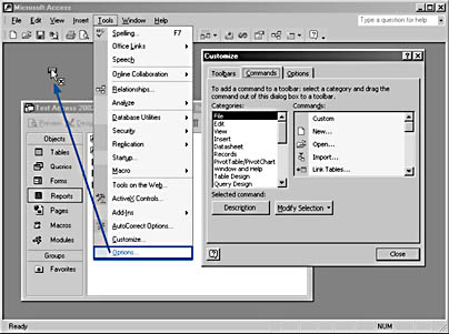 figure 13-1. drag the options command from the bottom of the tools menu to the database toolbar so that you can open the options dialog box with a single click.