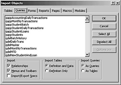 figure 13-6. you can import your custom toolbars and menus into any other database in which you want to use them.