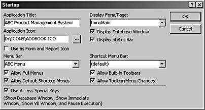 figure 13-22. select a custom menu bar for a database in the database’s startup dialog box.