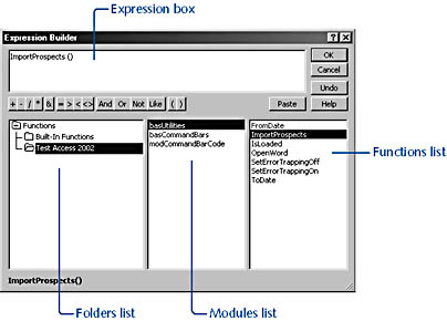 figure 14-7. the expression builder helps you select a function to run from the runcode macro action.