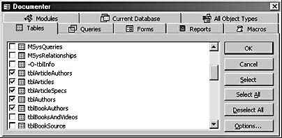 figure 15-9. the documenter dialog box has a tab for each type of database object (except data access pages).