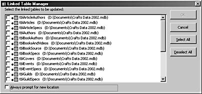 figure 15-16.the linked table manager dialog box lists incorrect paths for linked tables.