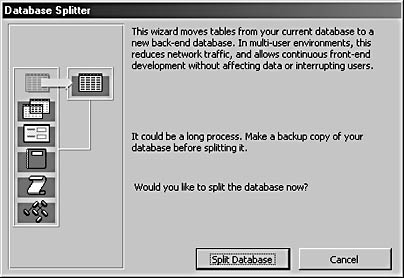 figure 15-17.the first page of the database splitter wizard offers general information about the wizard.