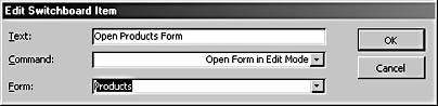 figure 15-20.you create a button to open a form in the edit switchboard item dialog box.