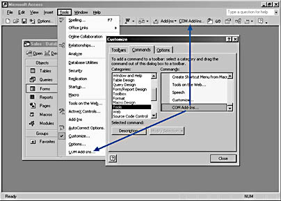 figure 15-32. you can drag the com add-ins command to a menu or a toolbar to make it more accessible.