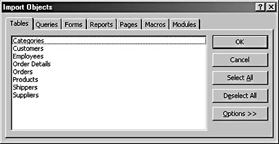 figure 16-4. the import objects dialog box allows you to select the table or tables you want to import.
