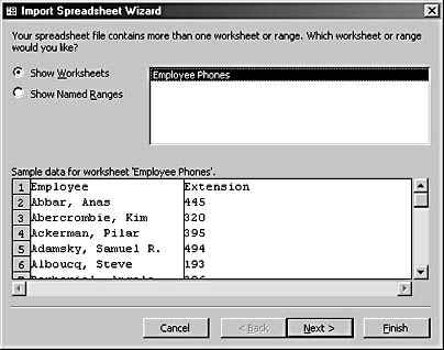 figure 16-9. the first page of the import spreadsheet wizard lets you choose between displaying worksheets or named ranges in the workbook file.