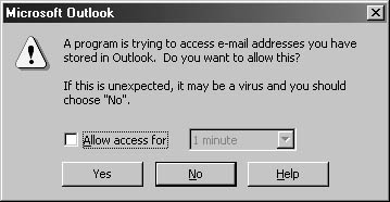figure 16-26. a message notifies you that a program is trying to access your outlook data.