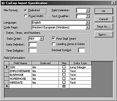 figure 16-30.the curemp import specification dialog box shows all the specifications selected for the current file.