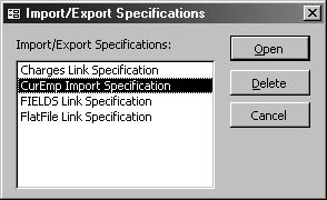 figure 16-32. select your saved spec in the import/export specifications dialog box.