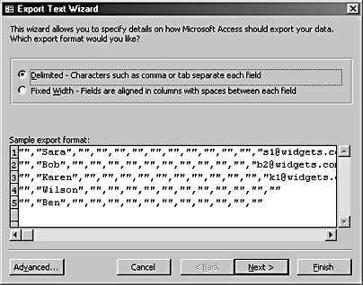 figure 17-13.the export text wizard helps you export a table or query to a comma-delimited text file.