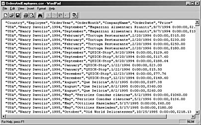 figure 17-16.the individual data items in each record in the exported text file are separated by commas and enclosed in double quotation marks.