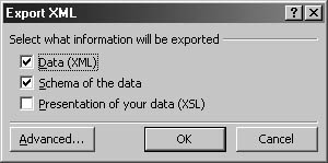 figure 17-17.when you export an object to xml, you can export the data only, the data and its structure, or the data, its structure, and the way it’s presented and linked.