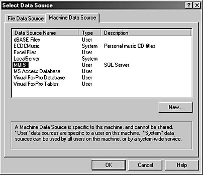 figure 17-20.in the select data source dialog box, you select a machine source for exporting to an odbc program.