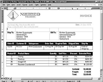 figure 17-32. this word invoice was created from northwind data.