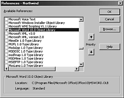 figure 17-33. you must set a reference to the word 10.0 object library to run the following code.