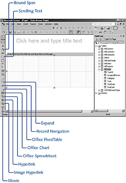 figure 18-3. the blank data access page designer contains these tools and a field list.