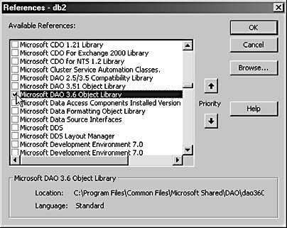 figure 19-43. you can select the dao object library reference in the references dialog box so that you can reference its components in code.