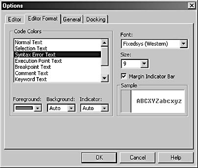 figure 20-11. the editor format tab of the options dialog box lets you set the font and color for text in the visual basic editor window.