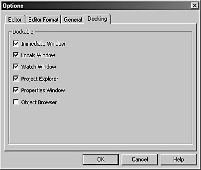 figure 20-13. use the docking tab to dock the windows in the visual basic editor.
