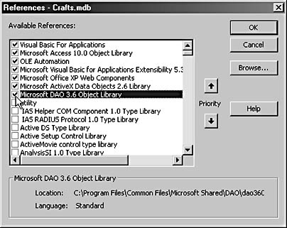 figure 20-23. you can check the dao object library reference in the references dialog box to prevent confusion when you reference its components in code.