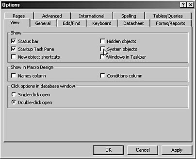 figure 21-2. select system objects on the view tab of the options dialog box.