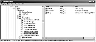 figure 21-3. the access menu add-ins entries are shown in the windows registry.