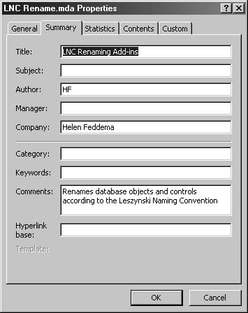 figure 21-5. several properties in the lnc rename add-in database’s properties sheet appear when the add-in is selected in the add-in manager dialog box.