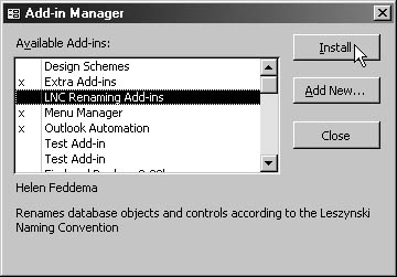 figure 21-6. information about the lnc rename add-in is displayed in the add-in manager dialog box.