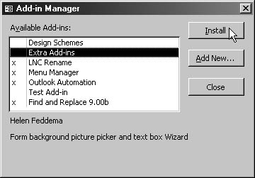 figure 21-11. you install the text box design wizard and form picture property builder using the add-in manager dialog box.