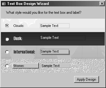 figure 21-12. the text box design wizard form offers four design scheme selections.