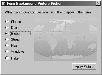 figure 21-15. the picture picker wizard form gives you a choice of background images for a form.