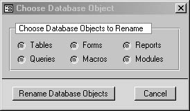 figure 21-20. the choose database object wizard form lets you select the type of database object to rename.