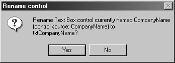 figure 21-26. the rename control message box proposes a new name for a text box control.
