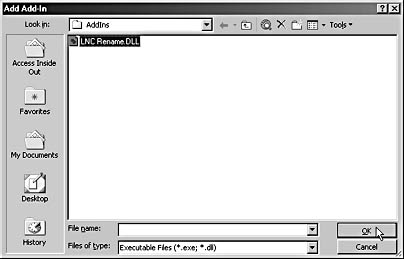figure 21-32. you select the com dll file to install from the add add-in dialog box.
